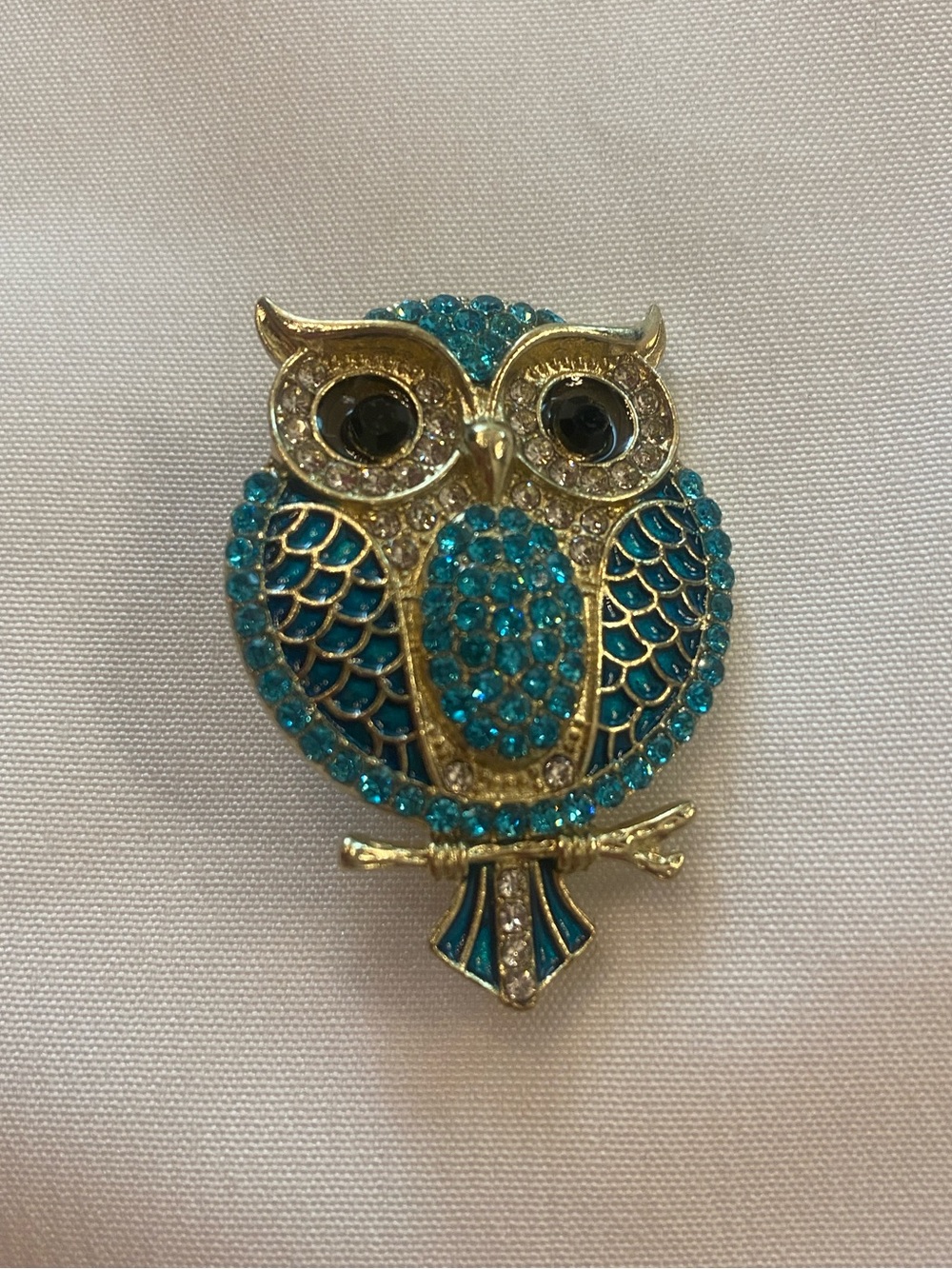 Owl Brooch Crystal Gold Turquoise Pin New